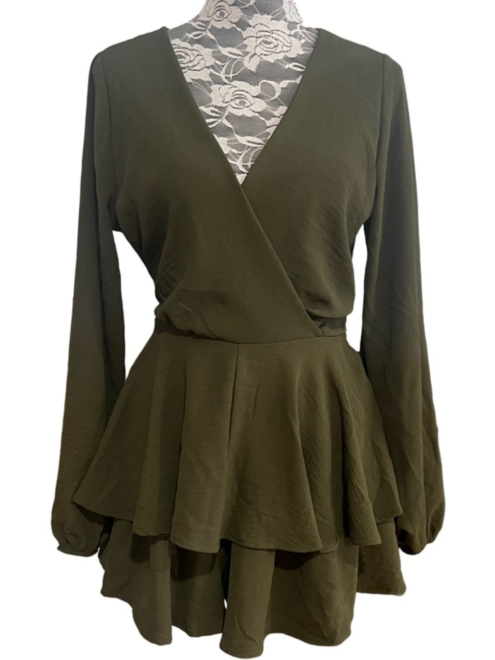 Alter’d State Size M Fall Olive Green Long-Sleeve Wrap Tiered Mini Romper